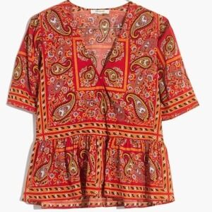 Madewell Paisley Print Peplum Top Red Boho Festival Blouse Medium